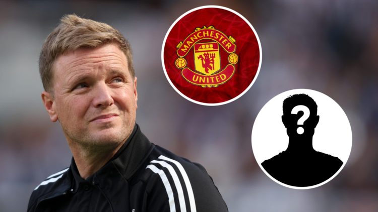 Eddie Howe looks on before a Newcastle United game. Inset 1, Manchester United badge. Inset 2, mystery person graphic.