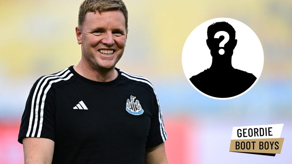 Eddie Howe smiles during Newcastle's warm-up ahead of facing Team K League. Inset: a mystery player and the Geordie Boot Boys logo