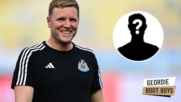 Eddie Howe smiles during Newcastle's warm-up ahead of facing Team K League. Inset: a mystery player and the Geordie Boot Boys logo