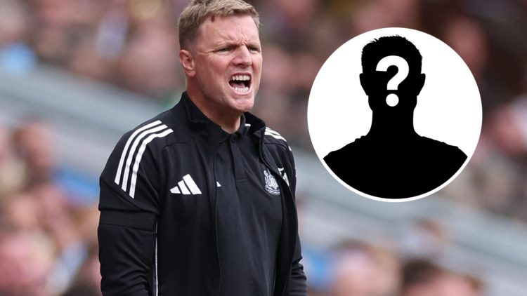 Eddie Howe looks on during a Premier League game between Aston Villa and Newcastle United. Inset: a mystery player