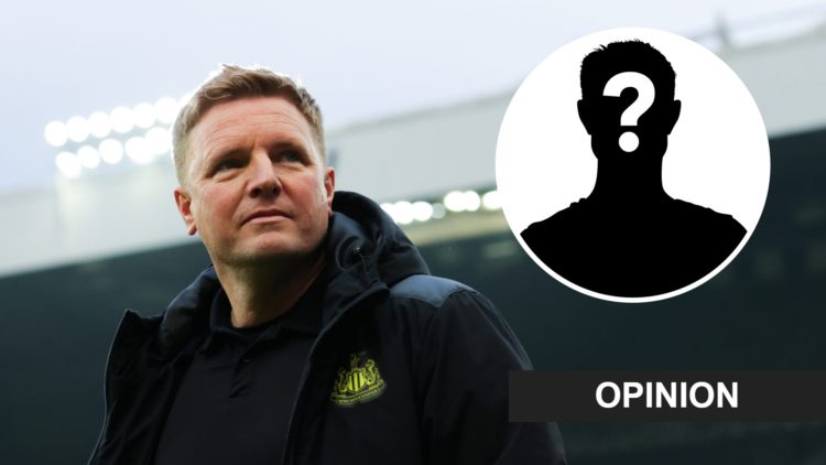 Eddie Howe looks on before a Premier League game between Newcastle United and Everton. Inset: a mystery player and an opinion banner
