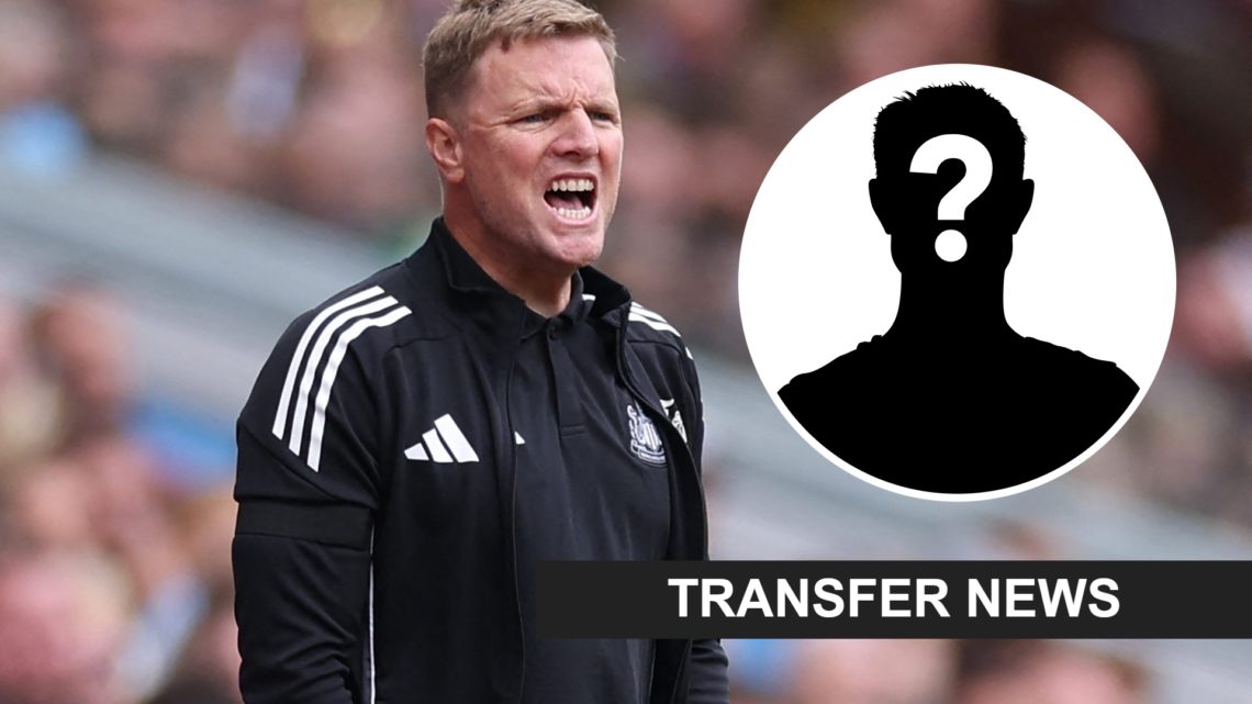 Eddie Howe looks on during a Premier League game between Aston Villa and Newcastle United. Inset: a mystery player and a transfer news banner