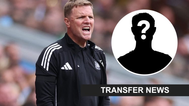 Eddie Howe looks on during a Premier League game between Aston Villa and Newcastle United. Inset: a mystery player and a transfer news banner
