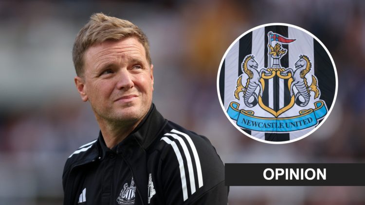 Eddie Howe looks on prior to Newcastle United's pre-season friendly with Atletico Madrid. Inset: the Newcastle United badge and an opinion banner.
