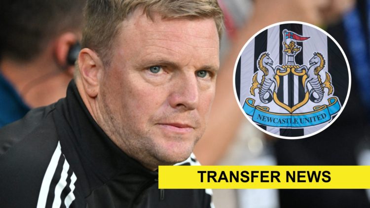 Eddie Howe looks on ahead of Newcastle United's Premier League game against Liverpool. Inset: the Newcastle United badge on a flag and a transfer n...