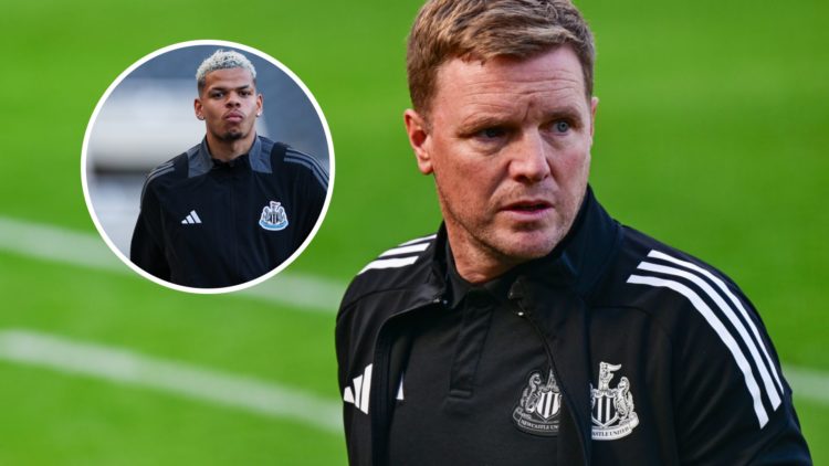 Eddie Howe looks on during a game between Newcastle United and Atletico Madrid. inset: Newcastle United player William Osula