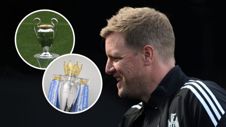Side on photo of Newcastle United manager Eddie Howe smiling. Insets: Premier League trophy and Champions League trophy.