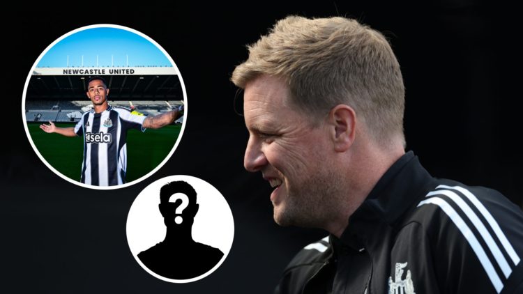 Inset, Jacob Ramsey poses as a Newcastle United player. Inset 2, mystery person graphic. Eddie Howe looks on before a Newcastle United game.