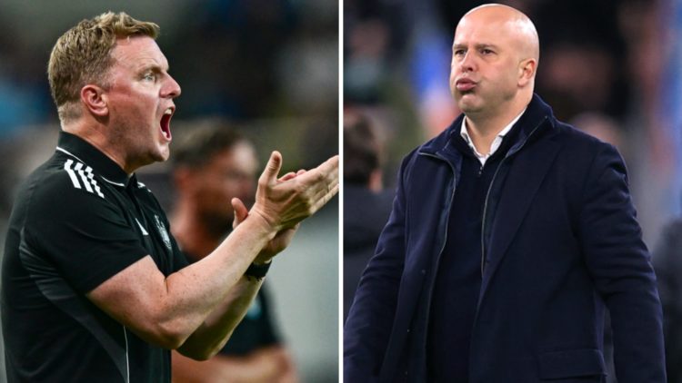 Eddie Howe during a Newcastle United pre-season game. Liverpool head coach Arne Slot looks dejected.