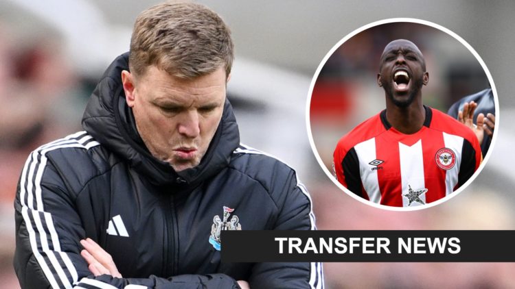 Newcastle United manager Eddie howe reacts on the touchline. Inset, Yoane Wissa celebrates scoring for Brentford.