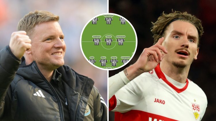 Split image: Eddie Howe pumps his first in celebration after a Newcastle United game (L). Nick Woltemade celebrates a goal for Stuttgart (R). Inset...
