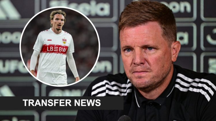 Newcastle United head coach Eddie Howe speaks to the media during a press conference. Inset: Nick Woltemade playing for VfB Stuttgart and a transfe...
