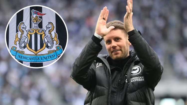Brighton manager Fabian Hurzeler. Inset, Newcastle United badge.