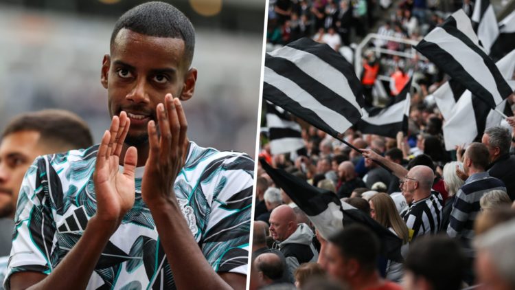 A general view of fans during the pre-season friendly match between Newcastle United and RCD Espanyol. Alexander Isak applauds Newcastle fans.