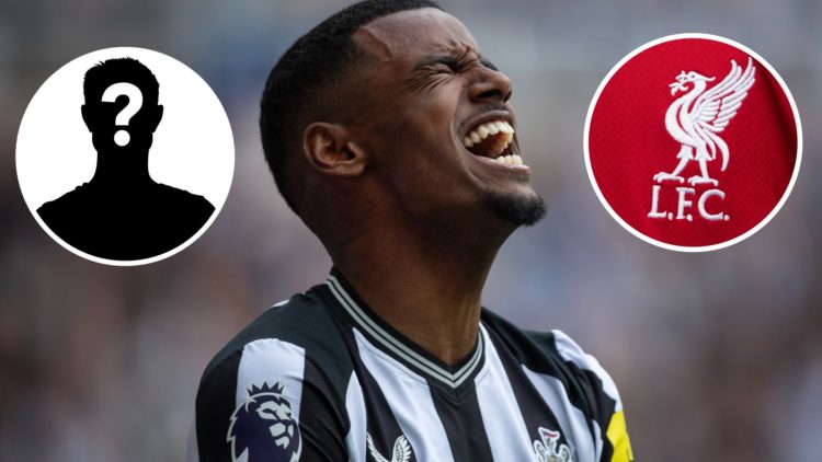Inset 1, mystery person graphic. Alexander Isak looks dejected playing for Newcastle United. Inset 2, Liverpool FC badge.