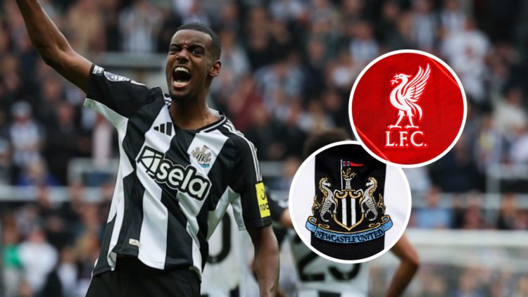 Alexander Isak celebrates scoring for Newcastle United against Tottenham Hotspur in the Premier League. Inset: the Newcastle United and Liverpool b...