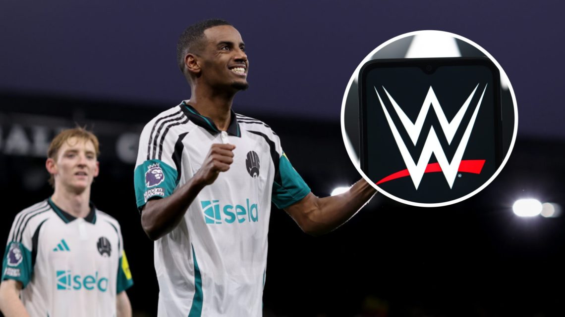 Alexander Isak celebrates scoring for Newcastle United against Ipswich Town. Inset: the WWE logo on a phone