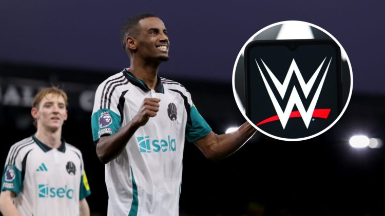 Alexander Isak celebrates scoring for Newcastle United against Ipswich Town. Inset: the WWE logo on a phone