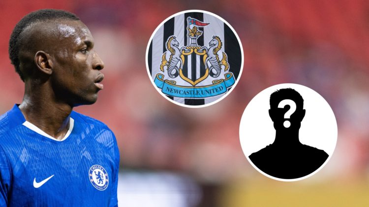 Nicolas Jackson playing for Chelsea. Inset, Newcastle United badge.
