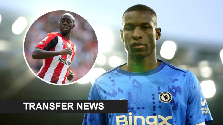 Nicolas Jackson warms up ahead of a Europa Conference League game for Chelsea. Inset: Brentford player Yoane Wissa and a transfer news banner.