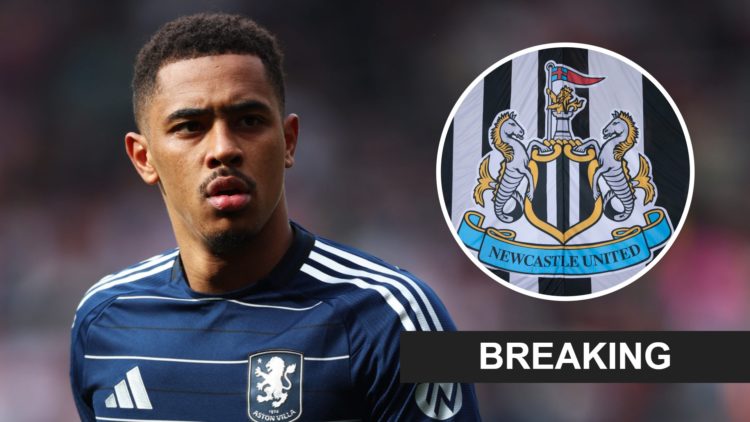 Jacob Ramsey playing for Aston Villa, Newcastle United badge