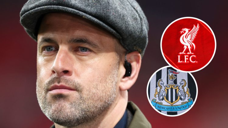 Joe Cole doing punditry for a game between England and Malta. Inset: the Newcastle United badge on a flag and the Liverpool crest.