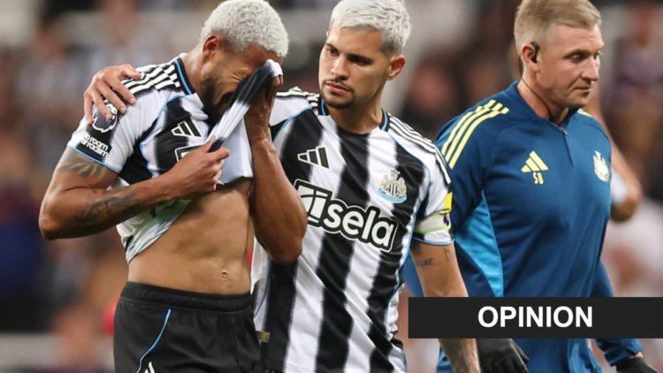 Joelinton is consoled by Bruno Guimaraes during a Premier League game between Newcastle United and Liverpool. Inset: an opinion banner
