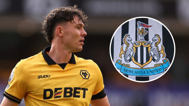 Jorgen Strand Larsen playing for Wolves, Newcastle United badge