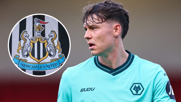 Jorgen Strand Larsen playing for Wolves, Newcastle United badge
