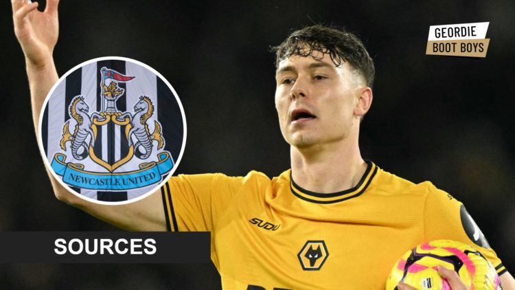 Jorgen Strand Larsen playing for Wolves, Newcastle United badge