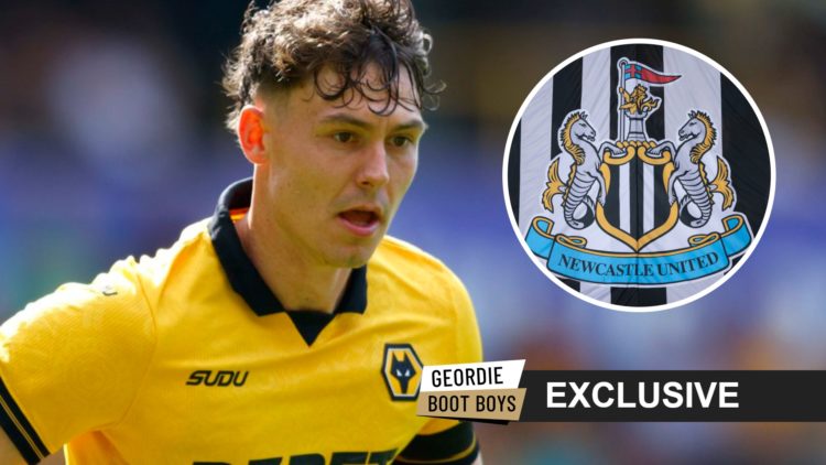 Jorgen Strand Larsen playing for Wolves in pre-season. Inset: the Newcastle United badge on a flag, an exclusive banner and the Geordie Boot Boys logo