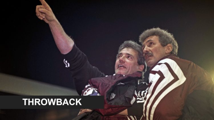 Kevin Keegan and Terry McDermott look on during a Premier League game between Newcastle United and Manchester United. Inset: a throwback banner