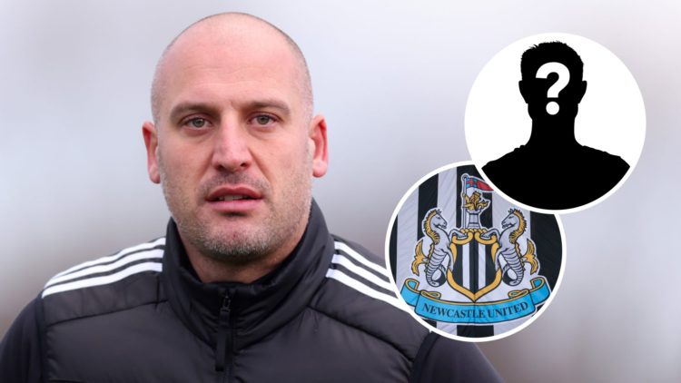Adam Lawrence looks on during an U18s Premier League game between Newcastle United and Manchester United. Inset: the Newcastle United badge on a fl...