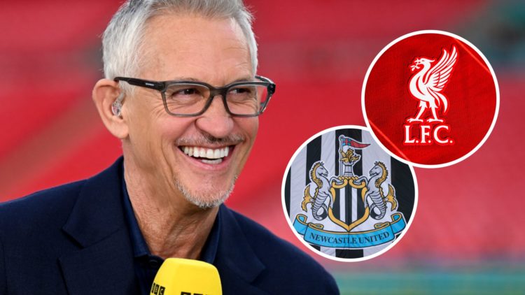 Gary Lineker smiles while presenting an FA Cup semi-final at Wembley. Inset: the Newcastle United and Liverpool badges.