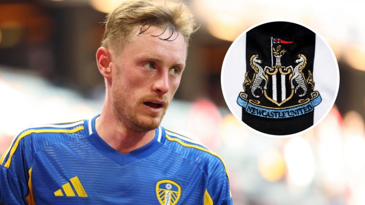 Leeds United midfielder Sean Longstaff looks on during a pre-season friendly against Manchester United. Inset: the Newcastle United badge