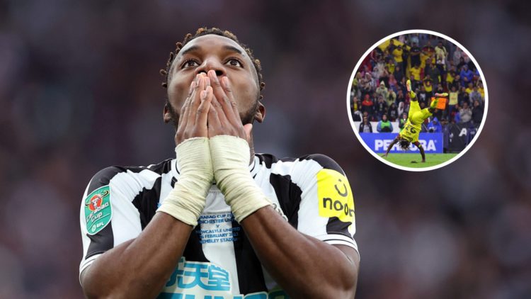 Allan Saint-Maximin during the 2023 Carabao Cup final between Newcastle United and Manchester United. Inset: Allan Saint-Maximin celebrating after ...