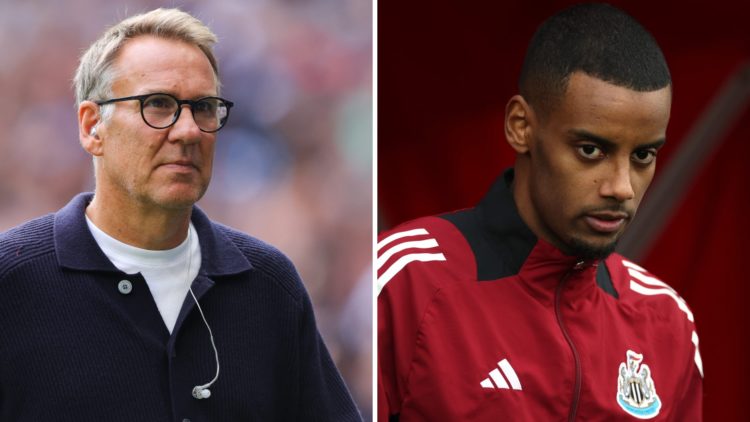 Paul Merson working as a pundit. Alexander Isak warming up for Newcastle United.