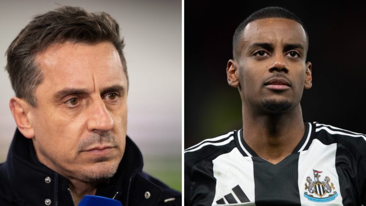 Gary Neville working as a pundit. Alexander Isak in a Newcastle United kit.