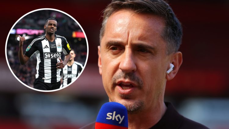 Sky Sports pundit Gary Neville speaking to a TV camera. Alexander Isak celebrates scoring for Newcastle United against Liverpool.
