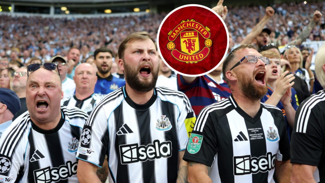 Newcastle United fans cheering. Inset: Manchester United club crest.