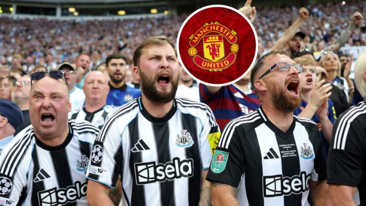 Newcastle United fans cheering. Inset: Manchester United club crest.