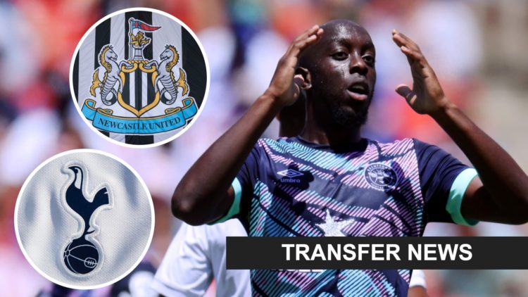 Inset 1, Newcastle badge. Inset 2, Tottenham club crest. Yoane Wissa reacts after a missed chance for Brentford.