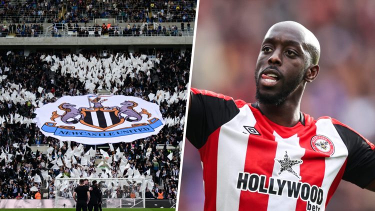 Newcastle United badge in the St James' Park crowd, Yoane Wissa celebrates scoring for Brentford.