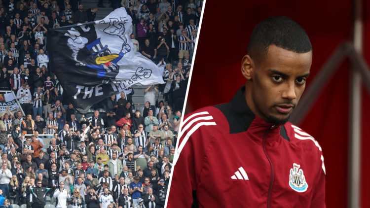 Newcastle United fans inside St James' Park, Alexander Isak warms up ahead of playing for Newcastle United.