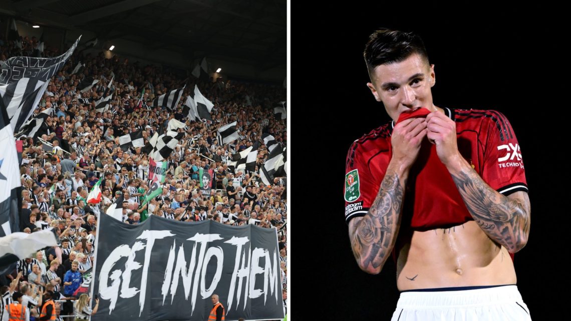 Newcastle United fans cheer on their team, Benjamin Sesko reacts while playing for Manchester United.
