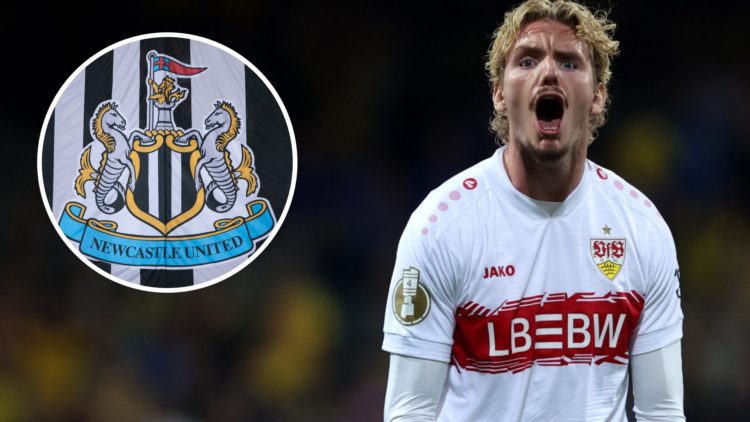Inset, Newcastle United badge. Nick Woltemade celebrates scoring for Stuttgart.