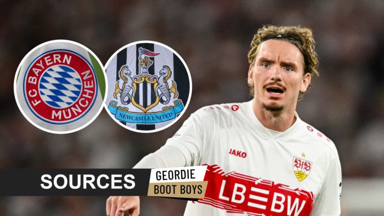 Nick Woltemade playing for Stuttgart, Newcastle United badge, Bayern Munich badge