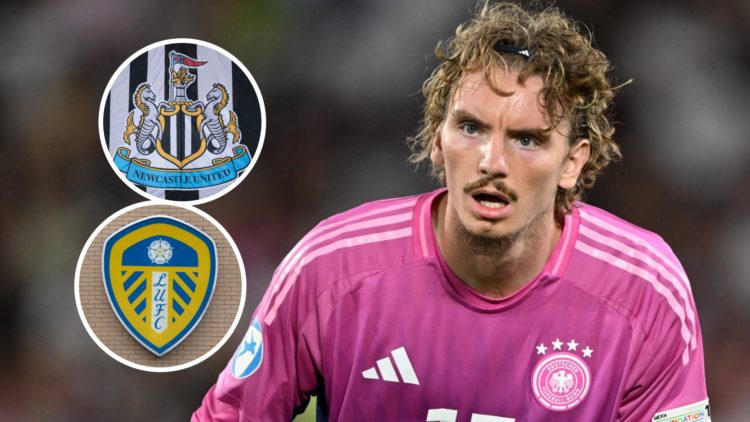 Nick Woltemade playing for Germany Under-21s, Newcastle United badge, Leeds United badge