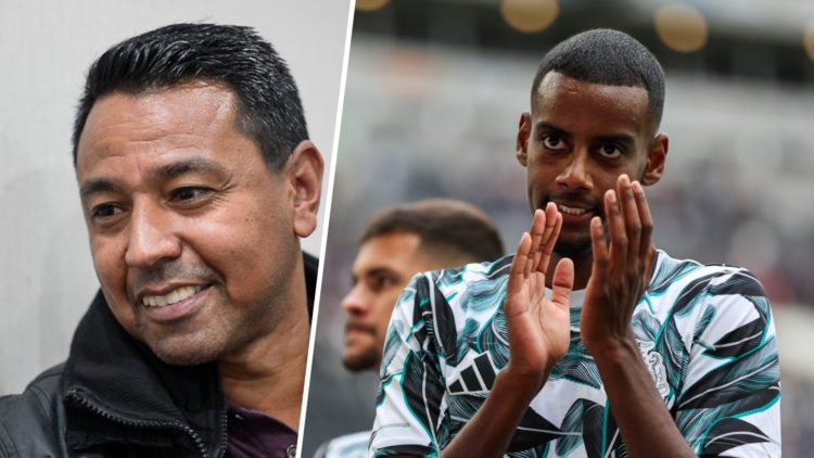 Nobby Solano speaking at the Newcastle United training ground, Alexander Isak claps the Newcastle United fans