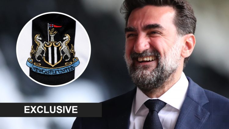 Newcastle United chairman Yasir Al-Rumayyan is seen arriving at St James' Park. Inset: the Newcastle United badge and an exclusive banner